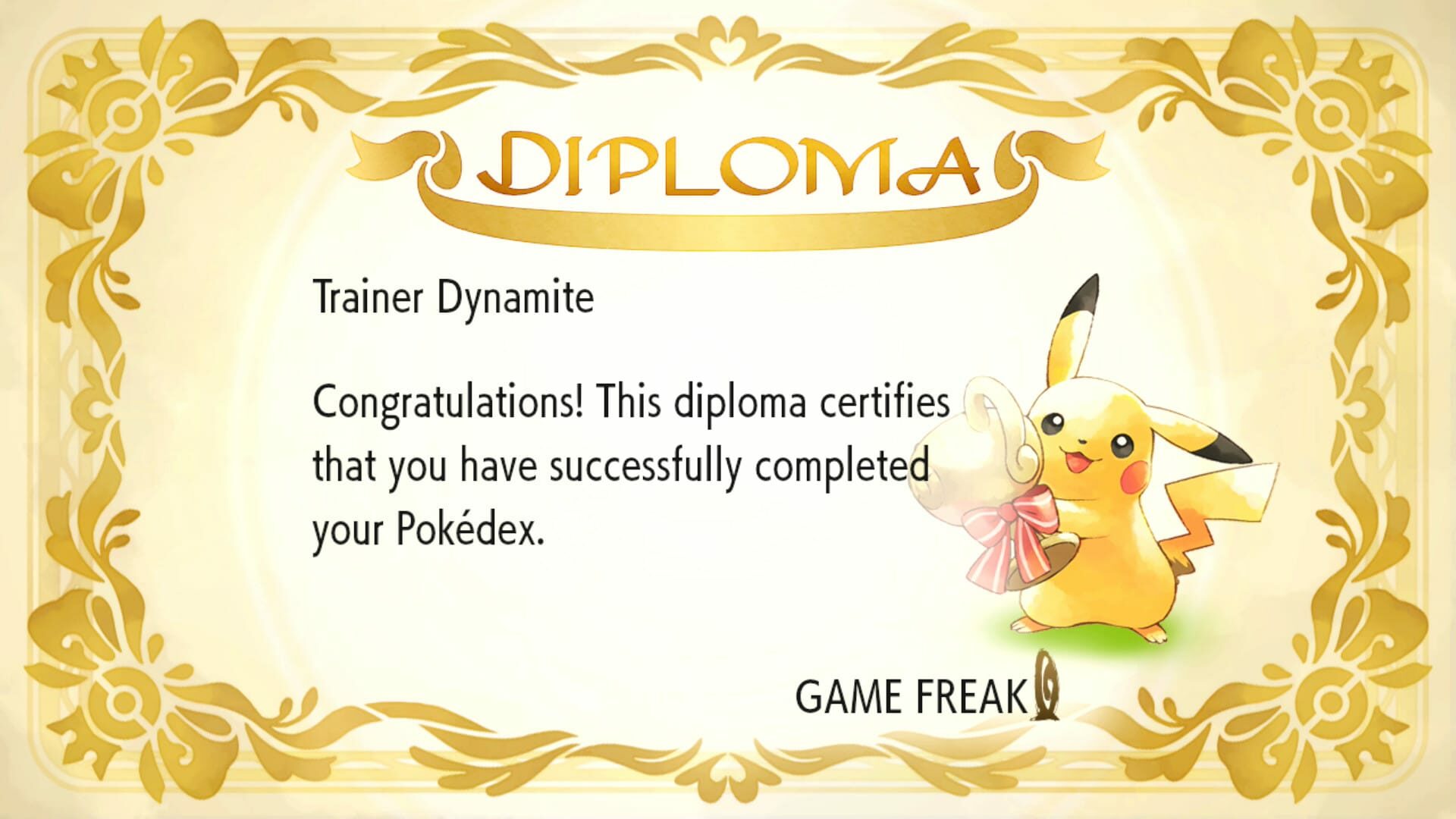 Pokédex completion diploma from Pokémon: Let’s Go, Pikachu!