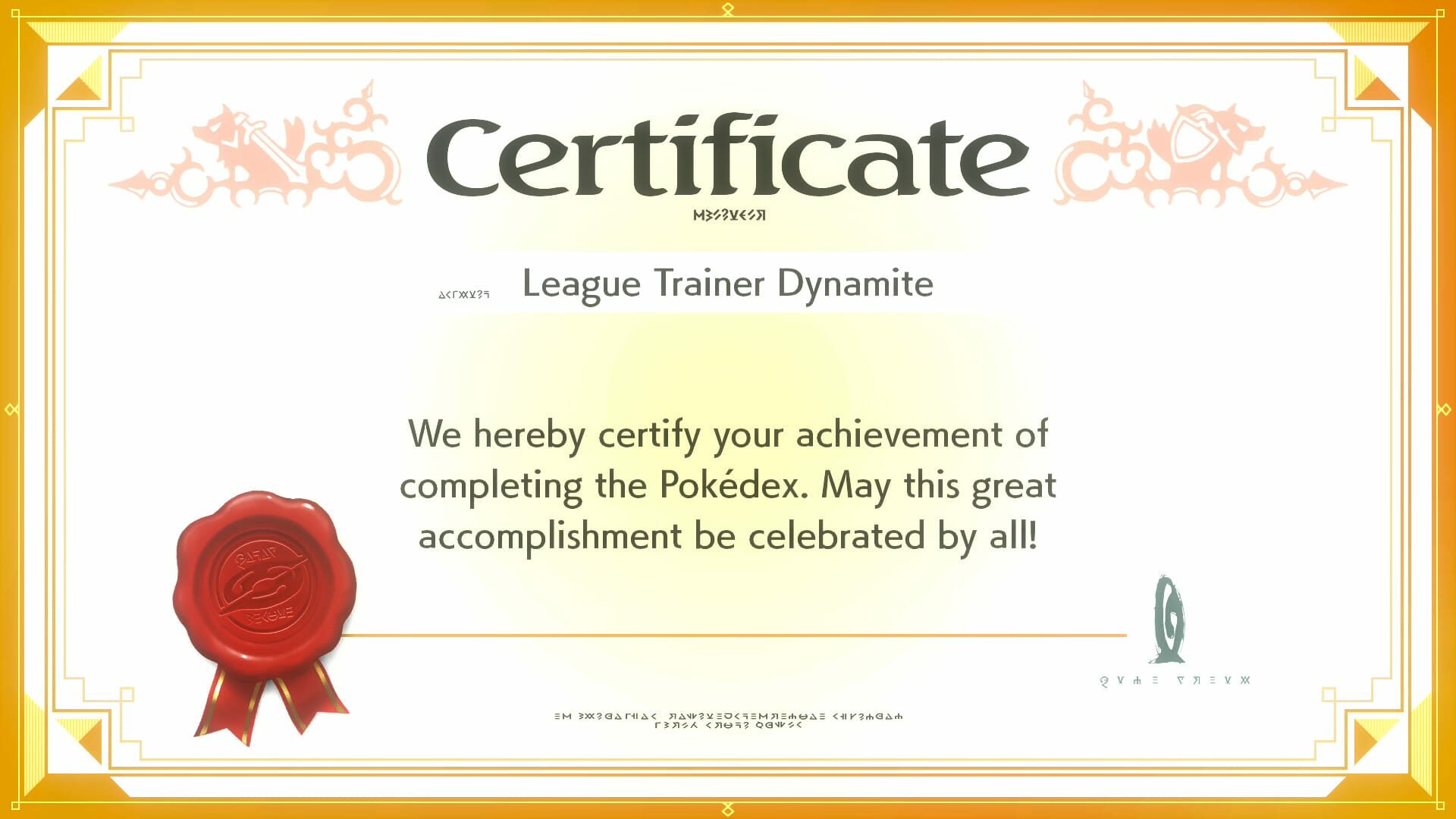 Pokédex completion certificate from Pokémon Shield.