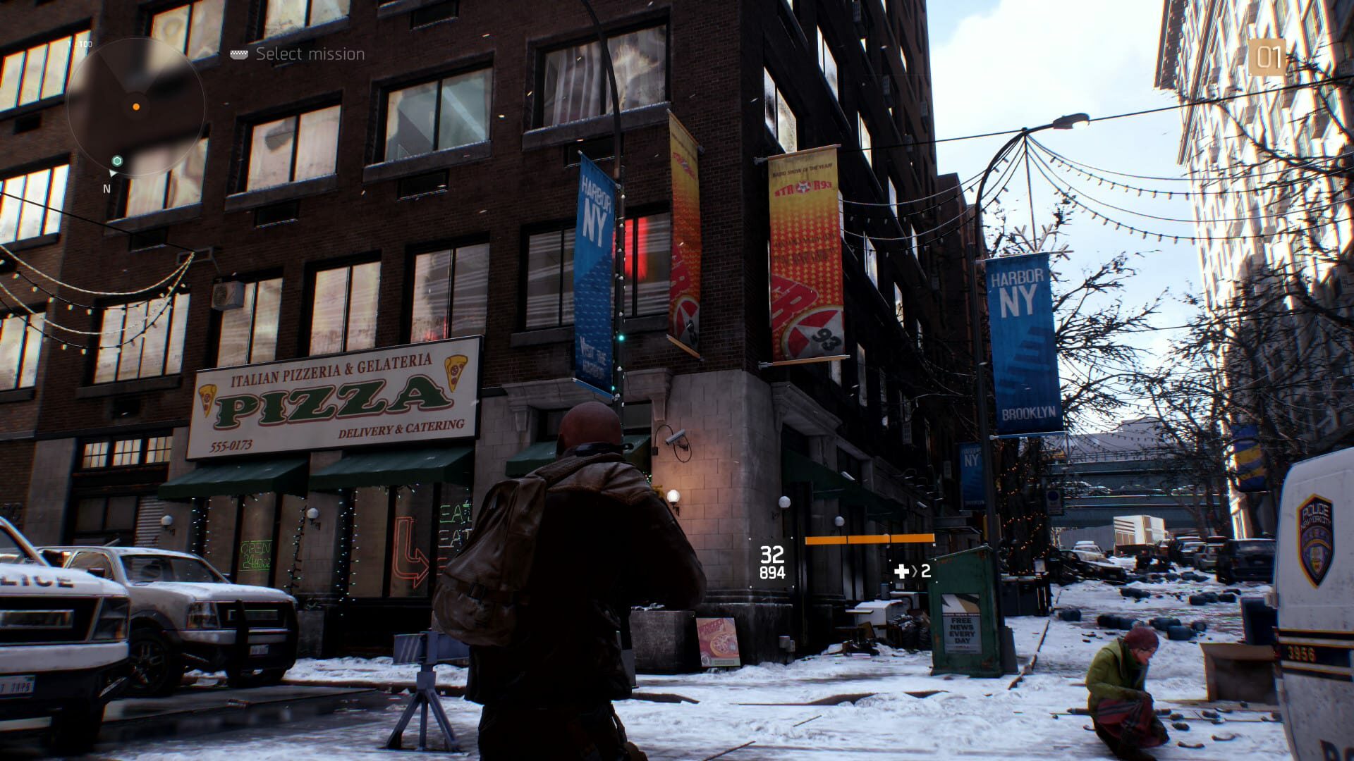 Screenshot from Tom Clancy’s The Division with the character looking at a pizza shop in Brooklyn, NY.